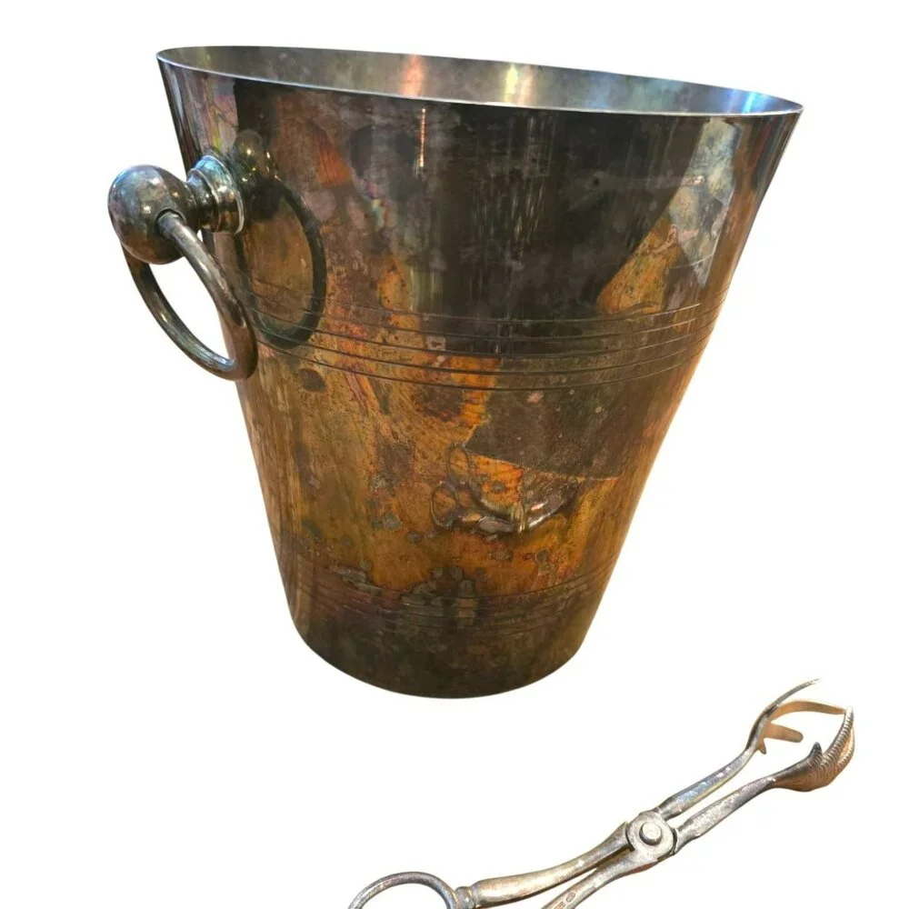 Vintage Silver-Plated Ice Bucket With Bird Foot Tongs Set K&M England CM2130
